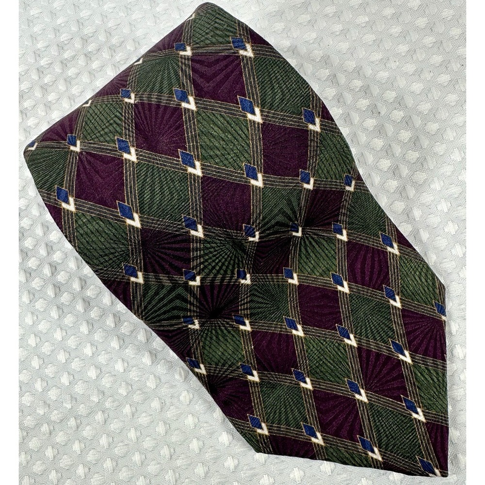 Bill Blass Black Label Silk Tie Green Purple Diamond Plaid 4" Wide Vintage